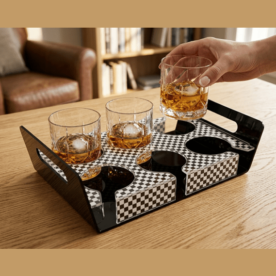 IMPERIAL BLACK AND GOLD ELEGANT TEXTURED GLASS AND CUP HOLDER TRAY/6 SLOT BLACK GOLD TRAY main image
