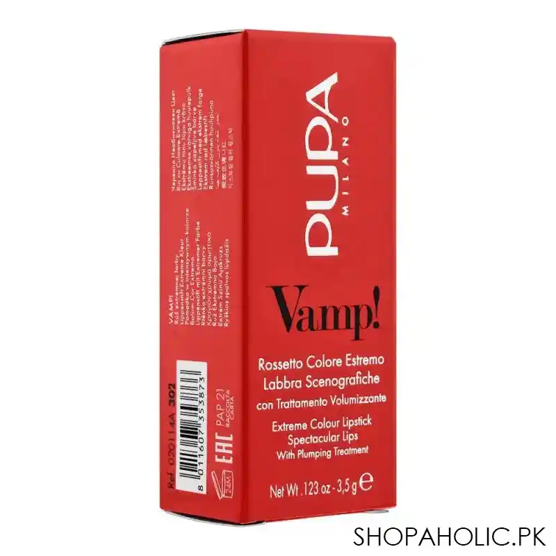 pupa milano vamp extreme colour lipstick with plumping treatment, 302, ruby red image3