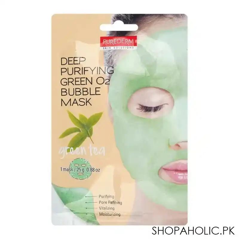 purederm green tea deep purifying green o2 bubble face mask, 25g main image