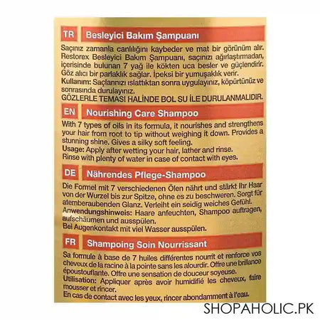 Restorex 7 Nourishing Oils Nourishing Care Shampoo, For Dry, Normal and Damaged Hair, Paraben Free, 500ml - Image 3