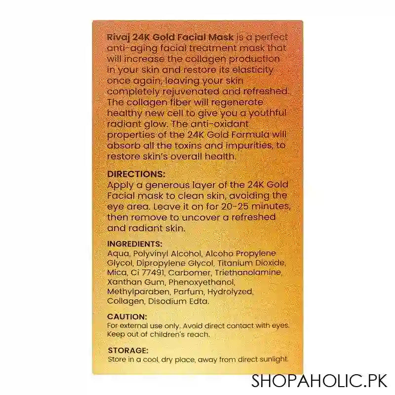 Rivaj Whitening 24k Gold Peel Off Facial Mask With Silk Amino Acid, Anti-Wrinkle, Acne & Toxin, 100ml - Image 2