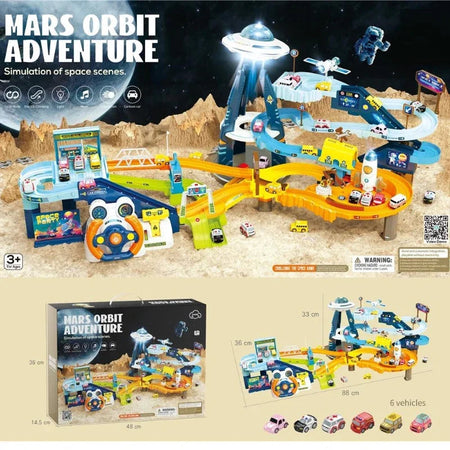 2 in 1  Car Adventure Light Music Electric Steering Wheel Mars Base Track With 6 Cars Traffic Toy Set