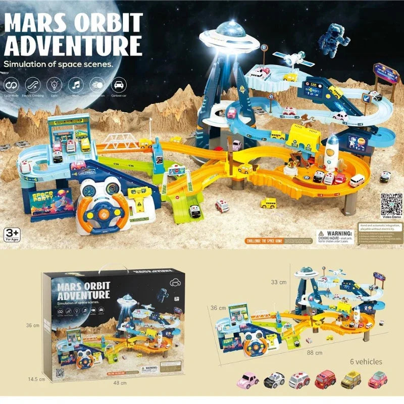2 in 1  Car Adventure Light Music Electric Steering Wheel Mars Base Track With 6 Cars Traffic Toy Set
