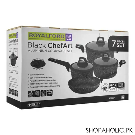 royalford chef art aluminum cookware set, black, 7 pack, rf9557 image3