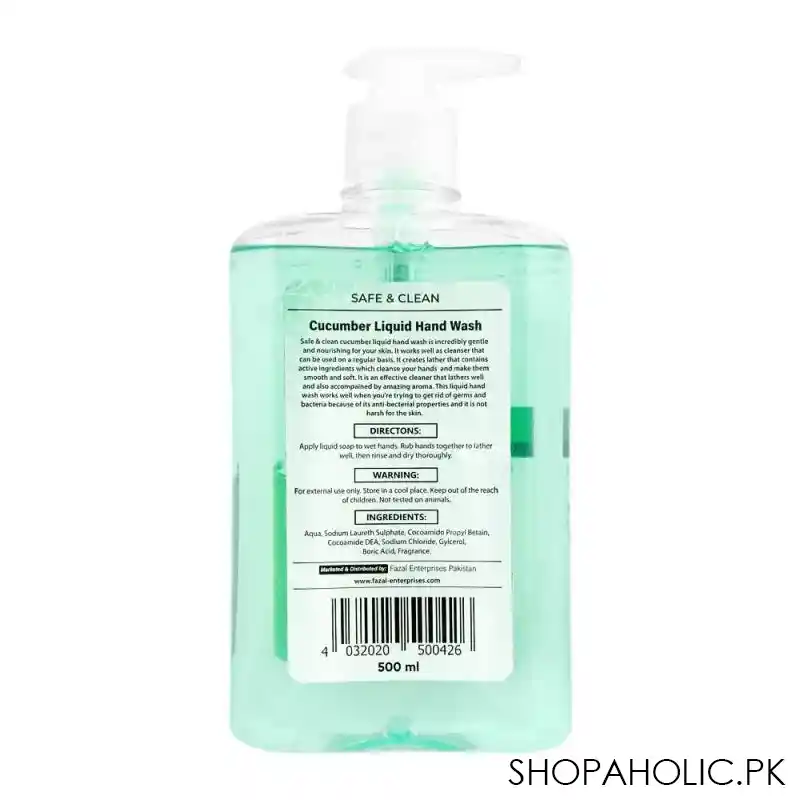 safe & clean cucumber moisturizing liquid hand wash, 500ml image2