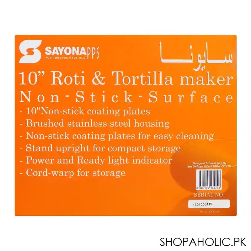 Sayona 10" Inch Roti & Tortilla Maker, 1200W, Non Stick Surface, Stainless Steel Housing, SRM-4587 - Image 5
