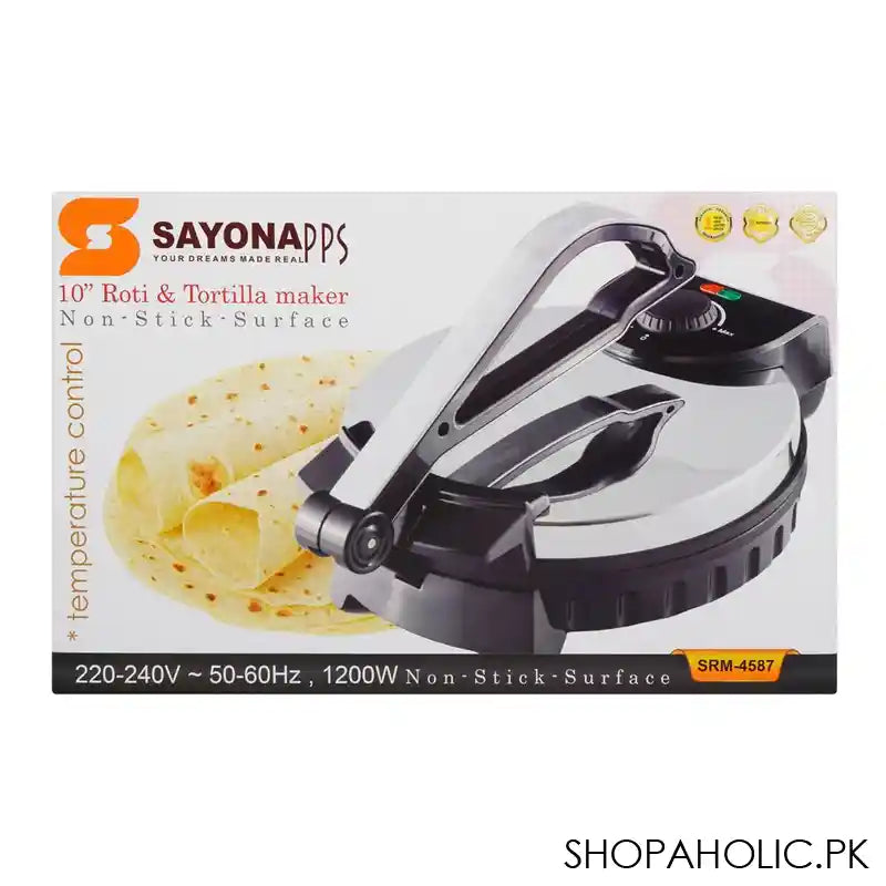 Sayona 10" Inch Roti & Tortilla Maker, 1200W, Non Stick Surface, Stainless Steel Housing, SRM-4587 - Image 2