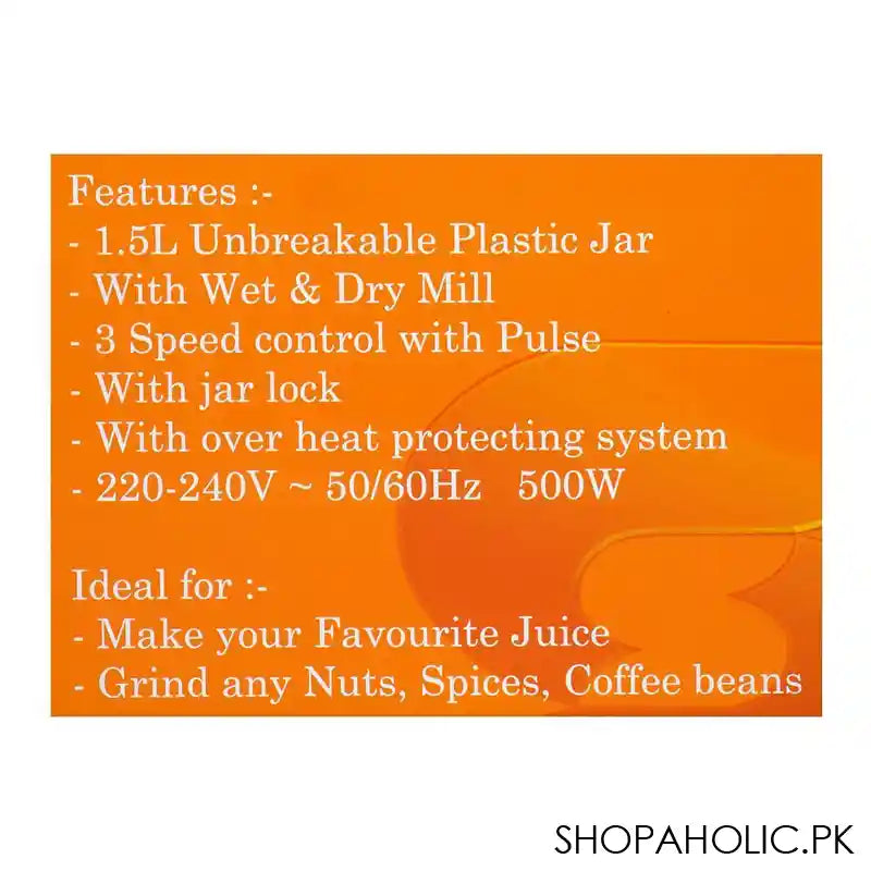 Sayona 3in1 Blender, 500W, 1.5 Liter Jar, 3 Speed, Overheat Protection, Ideal For Smoothies, Wet & Dry Mill, SB-4544 - Image 4