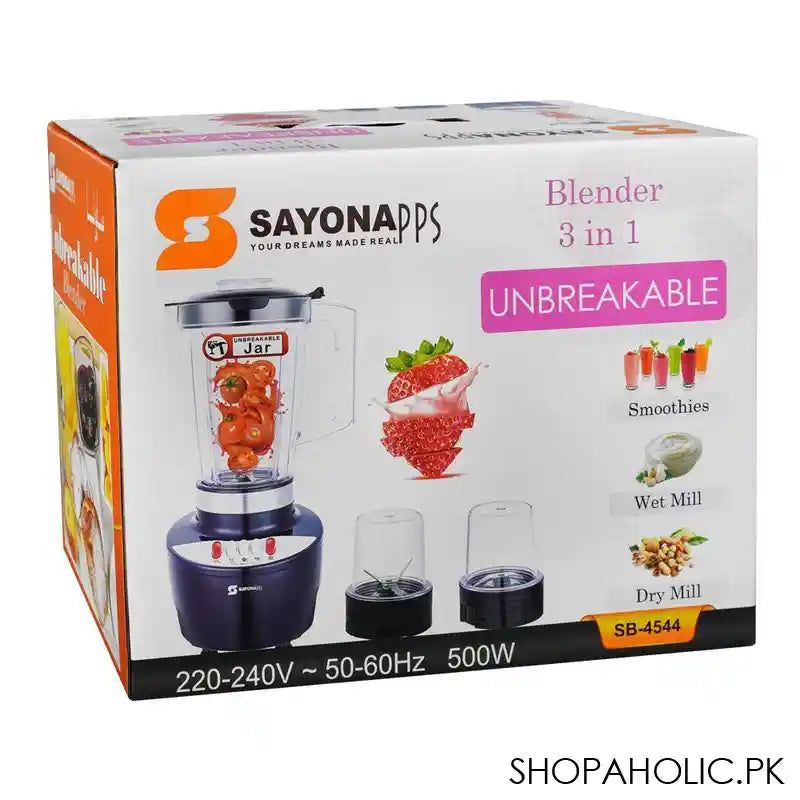 Sayona 3in1 Blender, 500W, 1.5 Liter Jar, 3 Speed, Overheat Protection, Ideal For Smoothies, Wet & Dry Mill, SB-4544 - Main Image