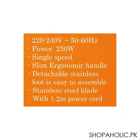 Sayona Hand Blender With Detachable Stainless Steel Foot & 1.2 Power Cord, 250W, Single Speed, SB-4407 - Image 2