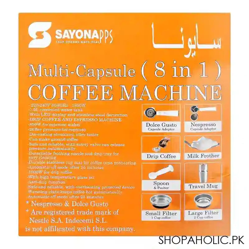 Sayona Multi-Capsule 8-In-1 Coffee Machine, 1850W, SEM-4484 - Image 6