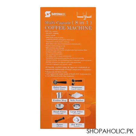 Sayona Multi-Capsule 8in1 Coffee Machine With Stainless Steel Housing, 1450W, 1100ml Water Tank, SEM-4571 - Image 3