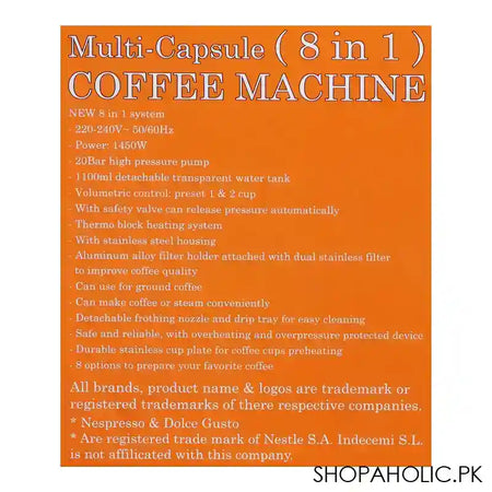 Sayona Multi-Capsule 8in1 Coffee Machine With Stainless Steel Housing, 1450W, 1100ml Water Tank, SEM-4571 - Image 6
