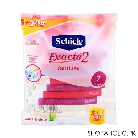 schick exacta 2 women sensitive aloe & vitamin e disposable razor, 5+2 pack, pink/red image2