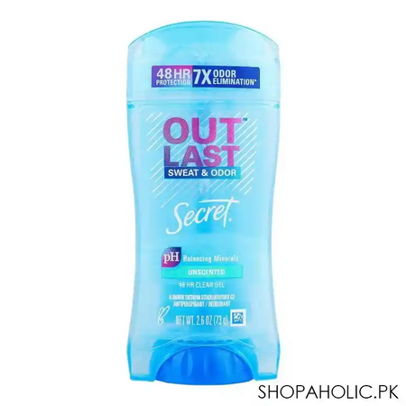 secret out last sweat & odor ph balancing minerals unscented 48h clear gel deodorant, for women, 73g main image
