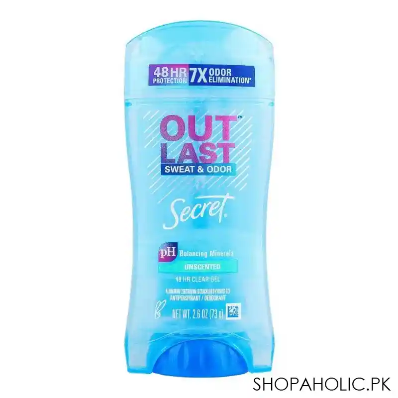 secret out last sweat & odor ph balancing minerals unscented 48h clear gel deodorant, for women, 73g main image
