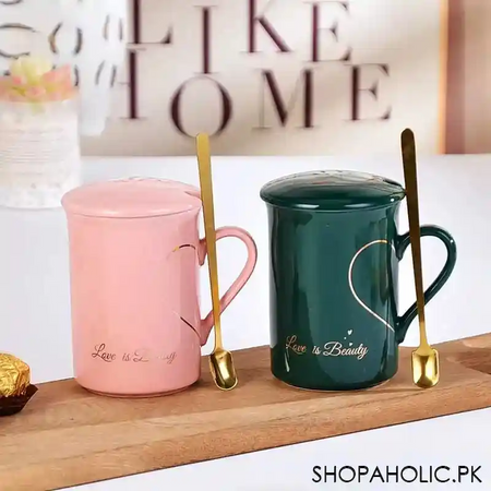 (set of 2) heart pattern ceramic love couple mug set with lid and spoon main image