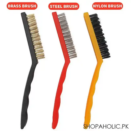 (set of 3) stainless steel, brass, nylon, wire brush set rust remove cleaner image2
