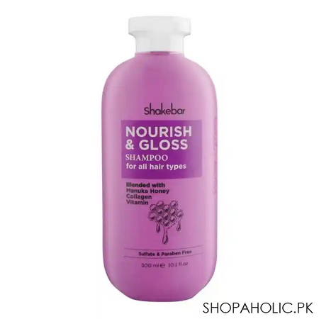 shakebar nourish & gloss sulfate & paraben free shampoo, all hair types, 300ml main image