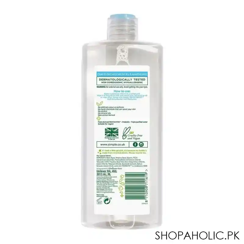 simple water boost dry & sensitive skin micellar cleansing water, 400ml image2