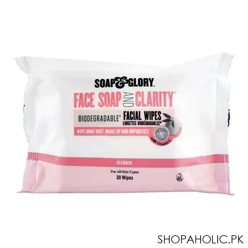 soap & glory face soap & clarity biodegradable facial wipes, 30 pack main image