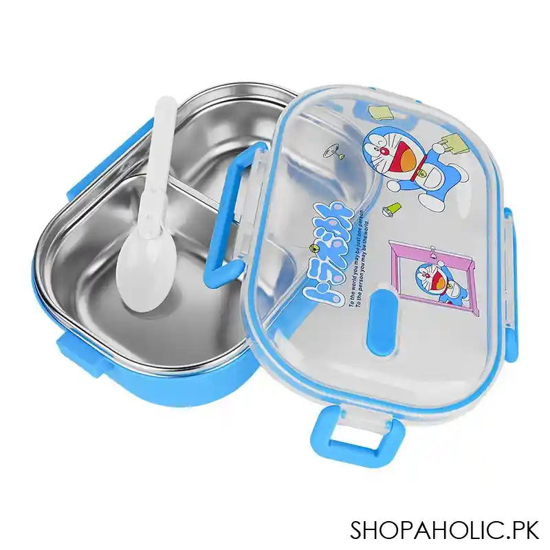 Stainless Steel 2 Partitions Lunch Box With Spoon, 7.3in (H) x 4.7in (W) x 2in (D), Doraemon - Image 3