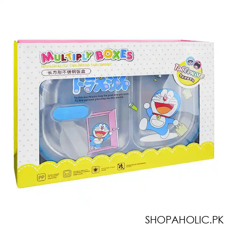 Stainless Steel 2 Partitions Lunch Box With Spoon, 7.3in (H) x 4.7in (W) x 2in (D), Doraemon - Image 4
