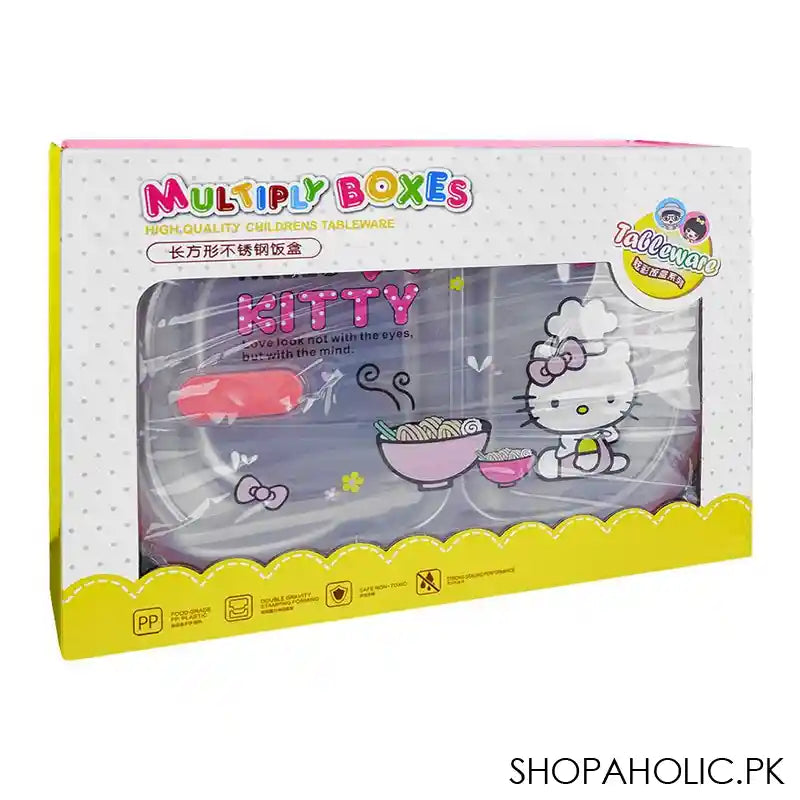 Stainless Steel 2 Partitions Lunch Box With Spoon, 7.3in (H) x 4.7in (W) x 2in (D), Hello Kitty - Image 2