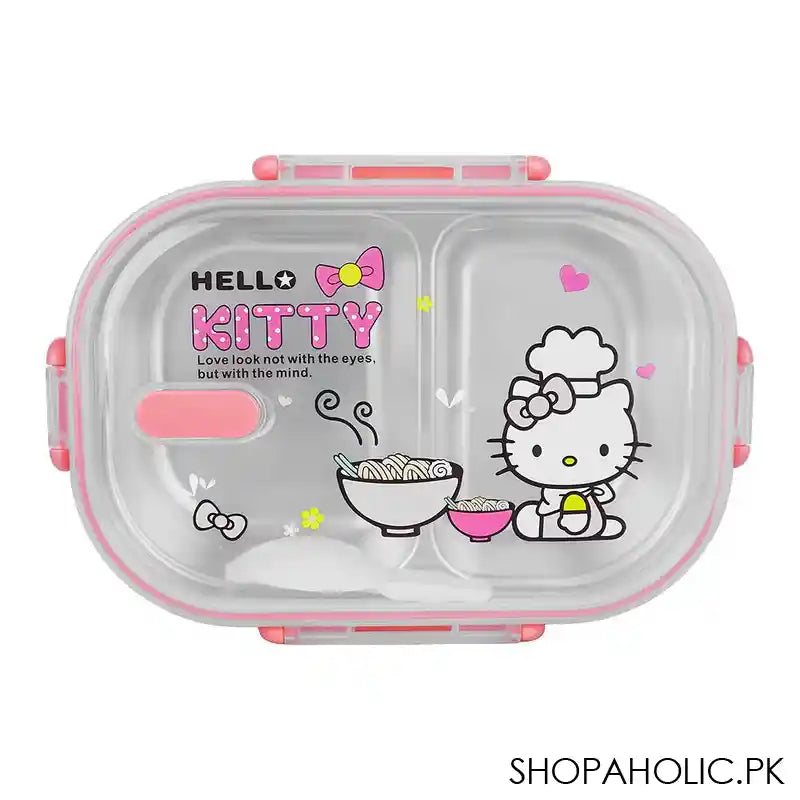 Stainless Steel 2 Partitions Lunch Box With Spoon, 7.3in (H) x 4.7in (W) x 2in (D), Hello Kitty - Main Image