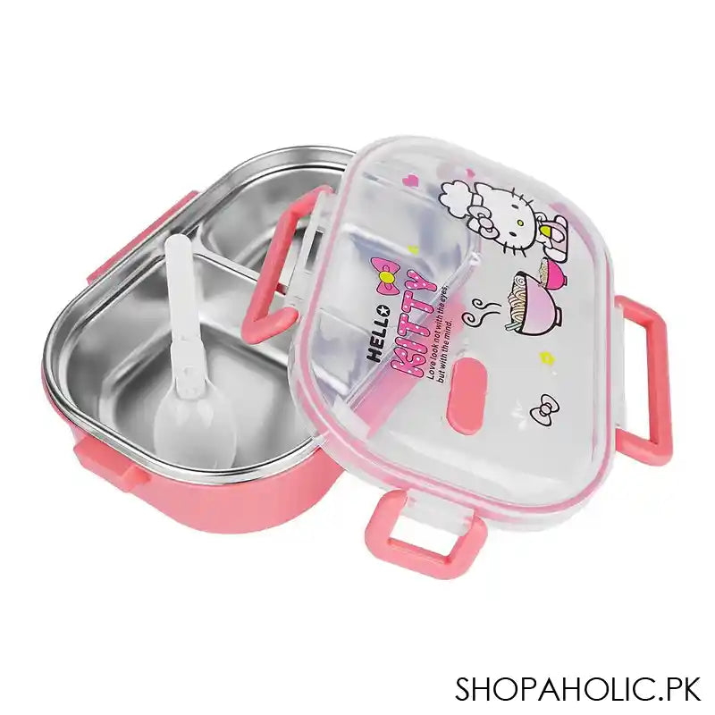 Stainless Steel 2 Partitions Lunch Box With Spoon, 7.3in (H) x 4.7in (W) x 2in (D), Hello Kitty - Image 4
