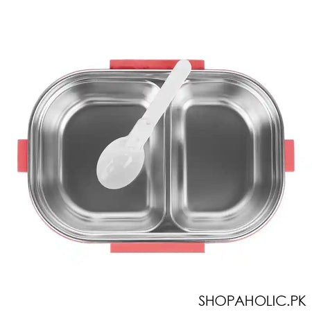 Stainless Steel 2 Partitions Lunch Box With Spoon, 7.3in (H) x 4.7in (W) x 2in (D), Hello Kitty - Image 5