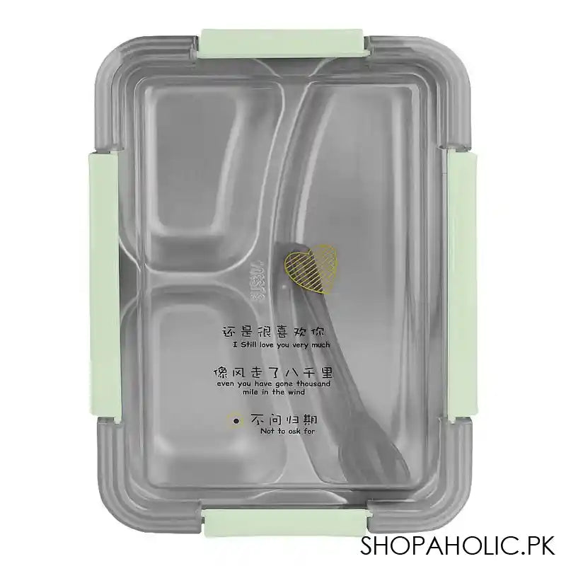 Stainless Steel 3 Partitions Lunch Box, 9.6in (H) x 6.9in (W) x 3in (D), Green - Image 3
