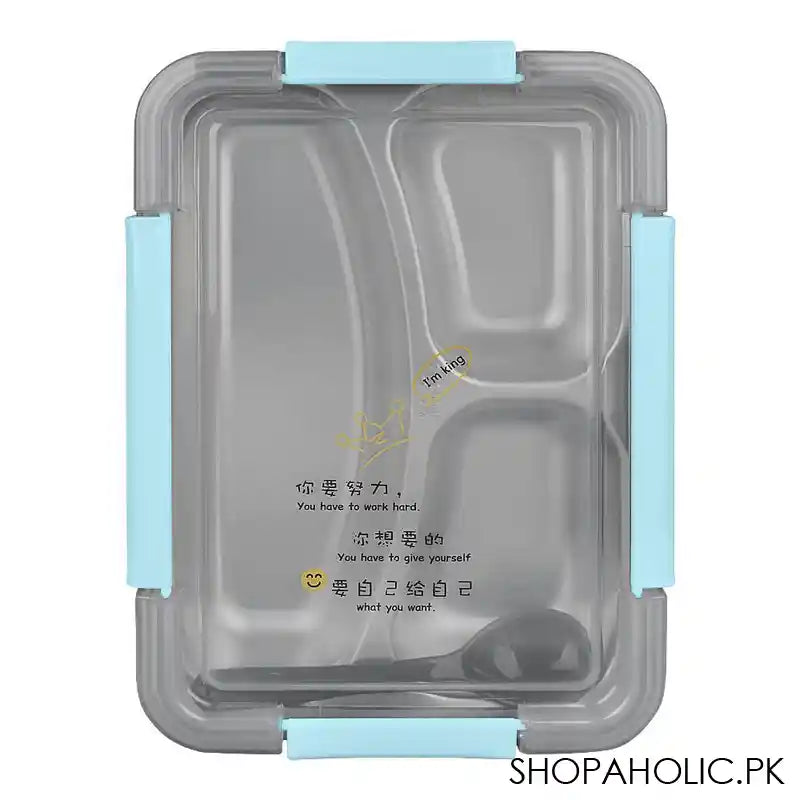 Stainless Steel 3 Partitions Lunch Box, 9.8in (H) x 7.1in (W) x 3in (D), Blue - Image 3