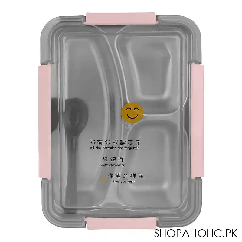 Stainless Steel 3 Partitions Lunch Box, 9.8in (H) x 7.1in (W) x 3in (D), Pink - Image 3