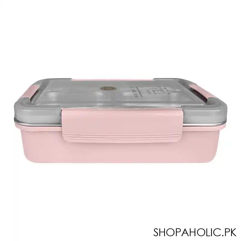 Stainless Steel 3 Partitions Lunch Box, 9.8in (H) x 7.1in (W) x 3in (D), Pink - Image 2