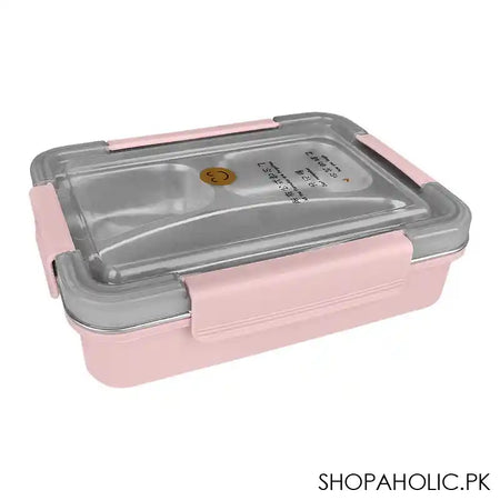 Stainless Steel 3 Partitions Lunch Box, 9.8in (H) x 7.1in (W) x 3in (D), Pink - Main Image