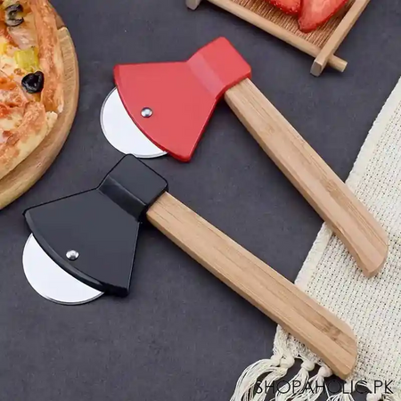 stainless steel bamboo handle axe type pizza roller cutter image3