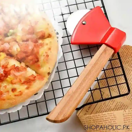 stainless steel bamboo handle axe type pizza roller cutter image4