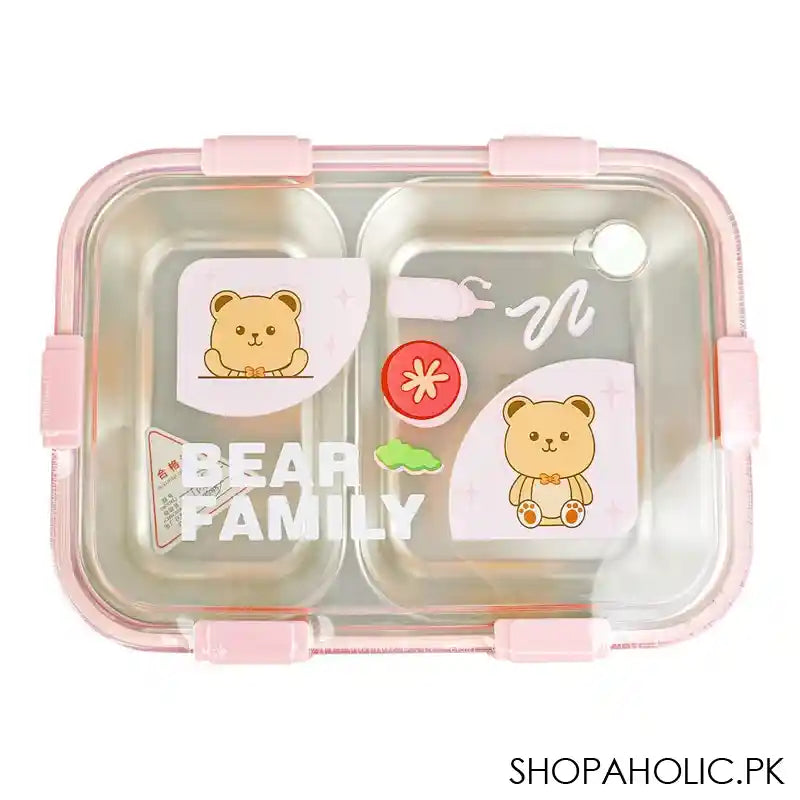 Stainless Steel Lunch Box, 2 Compartments & Cutlery, 850ml, Pink, 7.3in (H) x 4.9in (W) x 1.8in (D), 7087 - Main Image