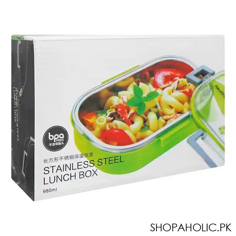 Stainless Steel Lunch Box, 2 Compartments & Cutlery, 980ml, BPA Free, Green, 6.1in (H) x 3.7in (W) x 2.2in (D), 980-Mc - Image 7