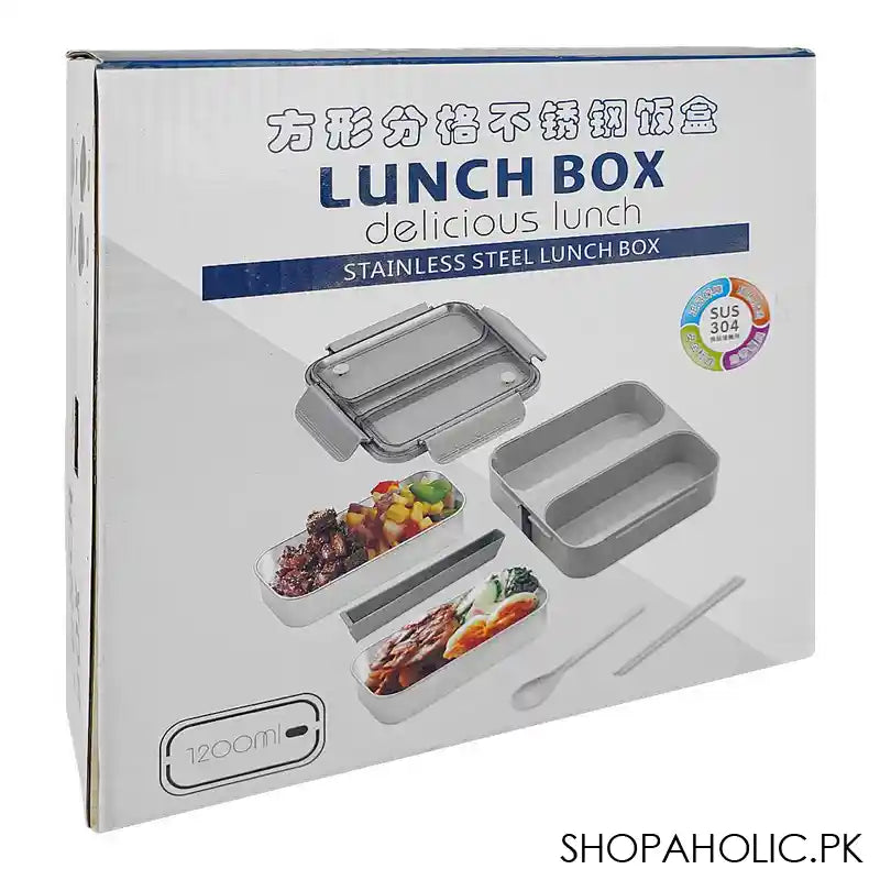 Stainless Steel Lunch Box, 2 Compartments, Spoon & Chop Stick, 1200ml, Yellow, 7.7in (H) x 7.1in (W) x 2in (D), Kh-0036 - Image 2