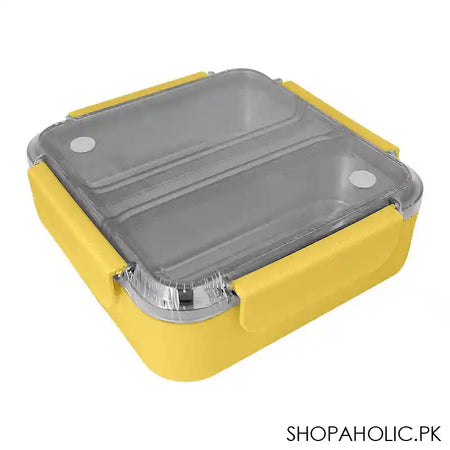 Stainless Steel Lunch Box, 2 Compartments, Spoon & Chop Stick, 1200ml, Yellow, 7.7in (H) x 7.1in (W) x 2in (D), Kh-0036 - Main Image