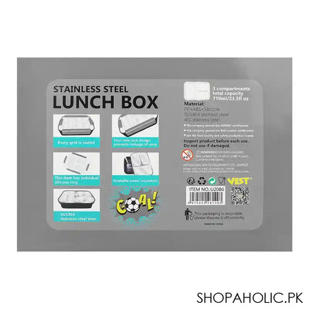 Stainless Steel Lunch Box, 3 Compartments, 710ml, Black, 7.5in (H) x 5.1in (W) x 2in (D), U2086 - Image 2