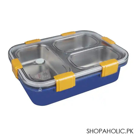 Stainless Steel Lunch Box, 3 Compartments, Spoon & Chop Stick, 400ml, Blue, 7.3in (H) x 4.9in (W) x 2in (D), 7059 - Main Image