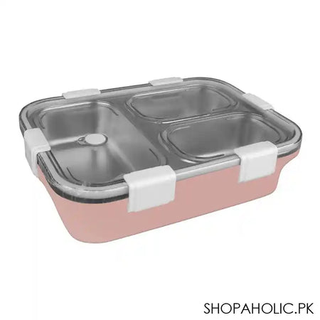 Stainless Steel Lunch Box, 3 Compartments, Spoon & Chop Stick, 400ml, Pink, 7.1in (H) x 4.5in (W) x 2in (D), 7059 - Main Image