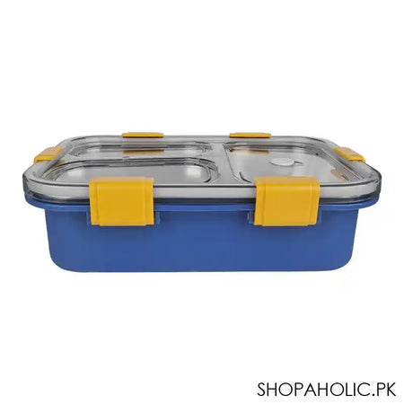 Stainless Steel Lunch Box With Cutlery, Three Compartments, 750ml, 7.5in (H) x 4.9in (W) x 2.2in (D), Blue - Main Image