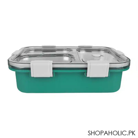 Stainless Steel Lunch Box With Cutlery, Three Compartments, 750ml, 7.5in (H) x 4.9in (W) x 2.2in (D), Green - Main Image