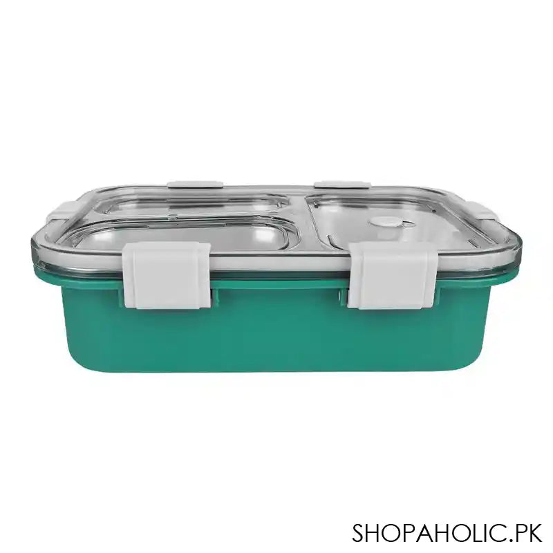 Stainless Steel Lunch Box With Cutlery, Three Compartments, 750ml, 7.5in (H) x 4.9in (W) x 2.2in (D), Green - Main Image