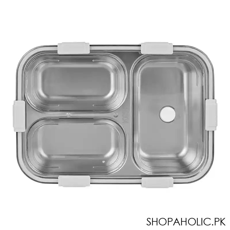 Stainless Steel Lunch Box With Cutlery, Three Compartments, 750ml, 7.5in (H) x 4.9in (W) x 2.2in (D), Green - Image 2
