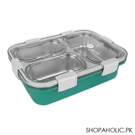 Stainless Steel Lunch Box With Cutlery, Three Compartments, 750ml, 7.5in (H) x 4.9in (W) x 2.2in (D), Green - Image 3